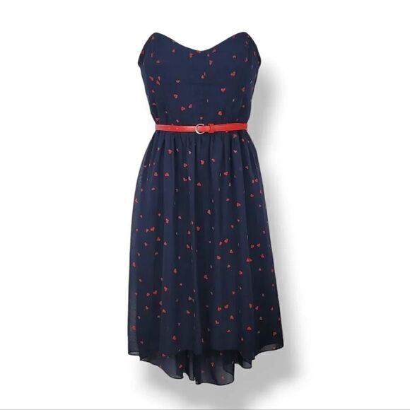 City Triangles Red Hearts Chiffon Strapless Belted Dress in Navy Blue/Red Size 7 - Picture 2 of 6